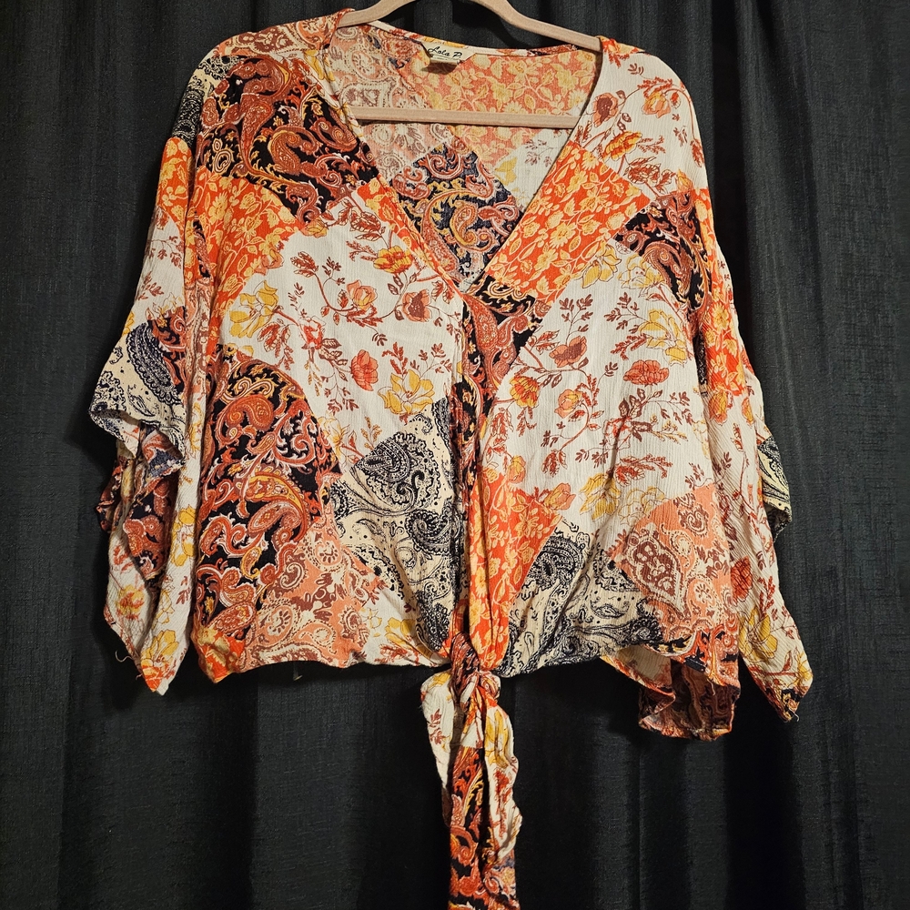 Orange 3/4 Sleeve Tie-Front Blouse